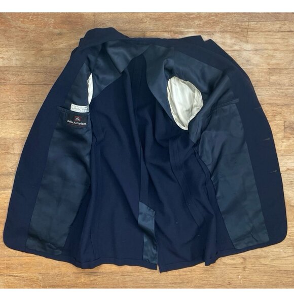 Vintage Mens Suit Set Size 40R Blazer 32x31 Pants 60s Navy Blue Suit Coat Pants - Picture 5 of 9